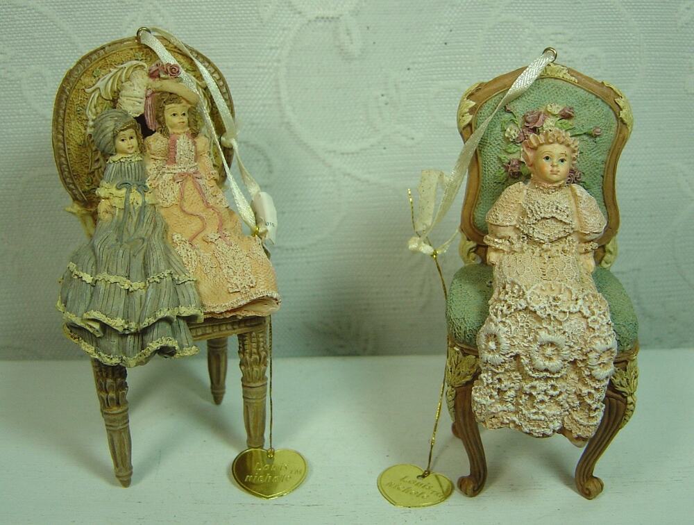 2 LOUIS NICHOLE VICTORIAN ORNAMENTS-DOLLS IN VICTORIAN CHAIRS-1999